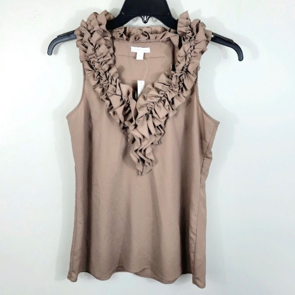 New York & Company Medium Womens Ruffle Front Top Tan/Taupe - NY&C